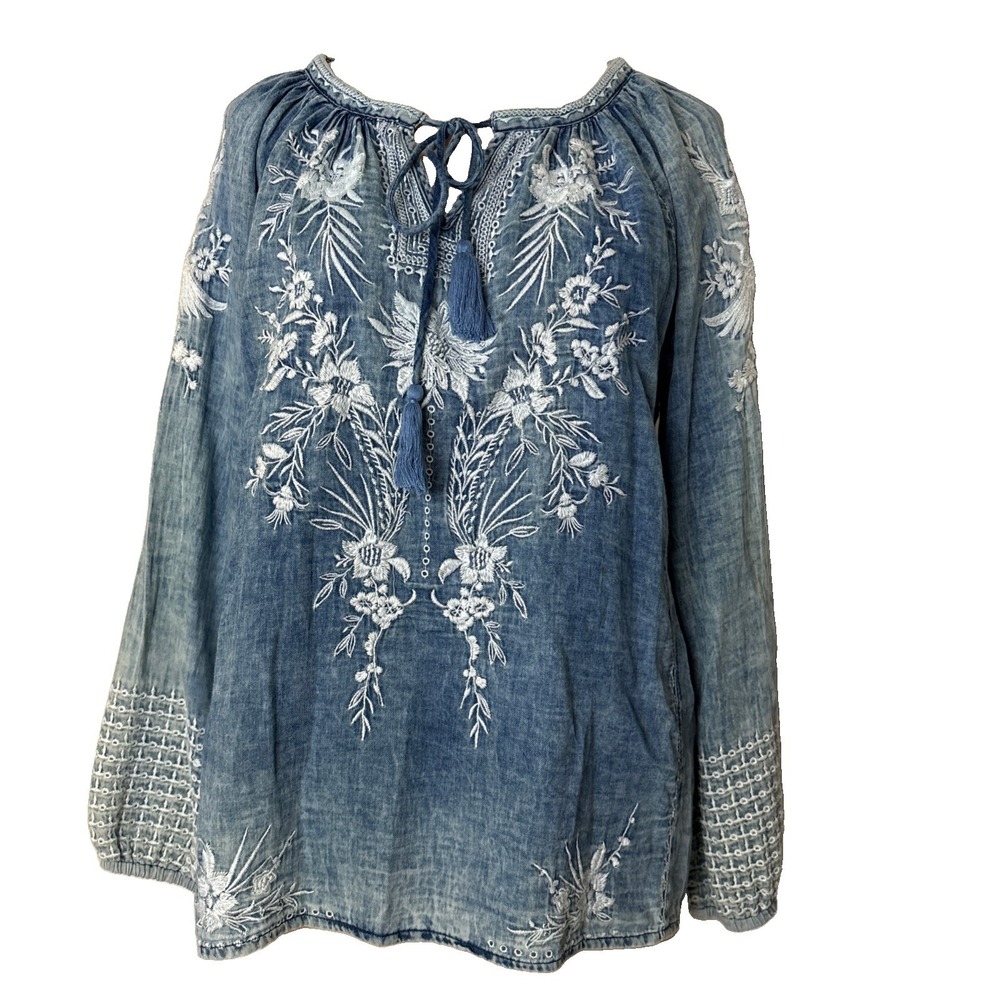 Dylan Womens S Blue Chambray Tassel V-Neck Tie Blouse top floral embroidery